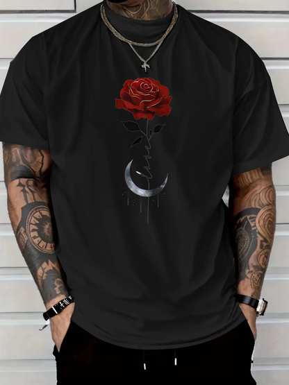 Men's Graphic T-Shirt Blooming Red Rose With Droplets Above Crescent Moon Rose