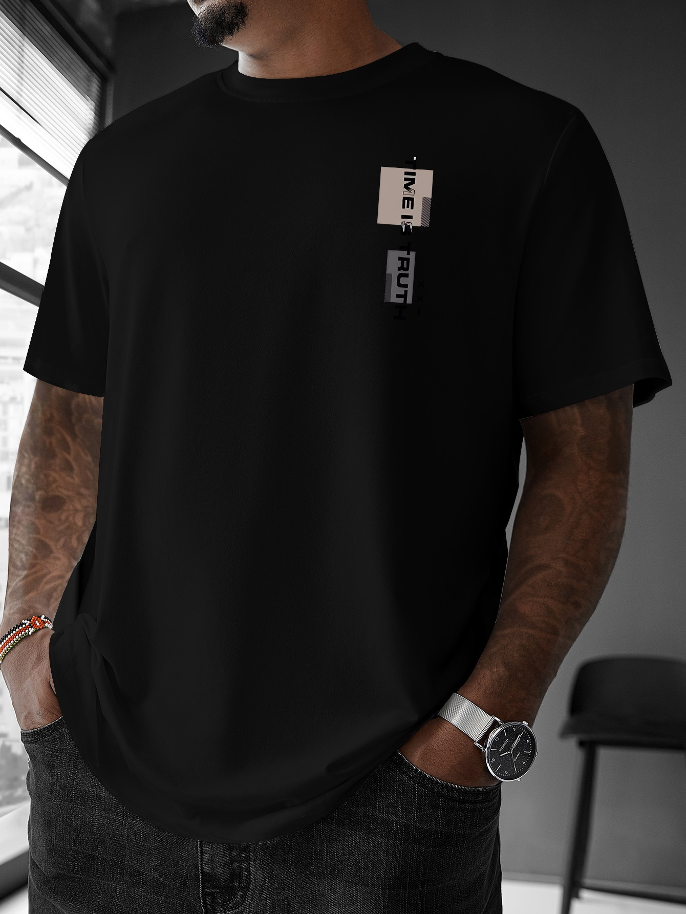 Men's Graphic T-Shirt Urban Minimalist Style With Contrasting Text Labels T Shirt