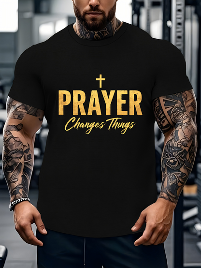 Men's Graphic T-Shirt Prayer Changes Things Golden Lettering Empowerment Cross Tee