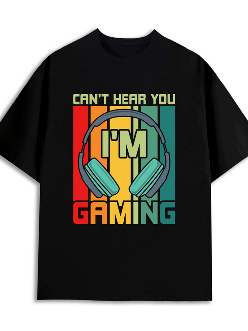 Men's Graphic T-Shirt Cant Hear You Im Gaming With Colorful Retro Headphones And Vertical Stripes