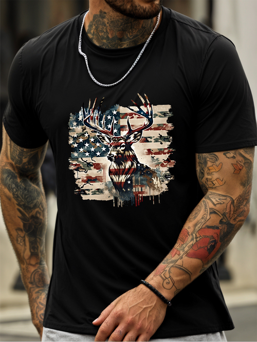 Men's Graphic T-Shirt Majestic Buck With Splattered American Flag Fusion Background