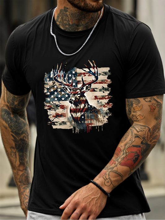 Men's Graphic T-Shirt Majestic Buck With Splattered American Flag Fusion Background