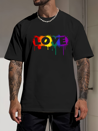Men's Graphic T-Shirt Love Rainbow Neon Paint Art Dripping On Black T Shirt
