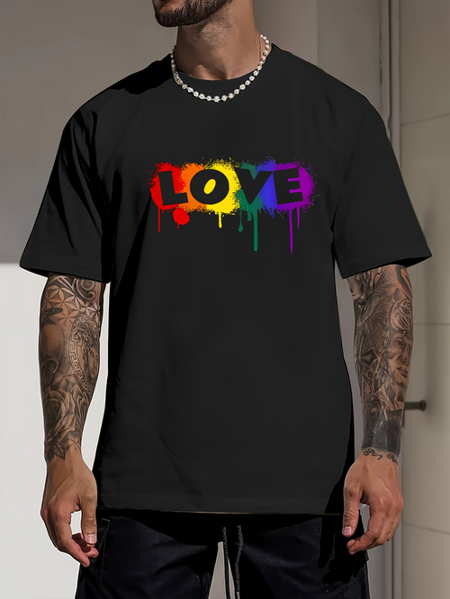 Men's Graphic T-Shirt Love Rainbow Neon Paint Art Dripping On Black T Shirt