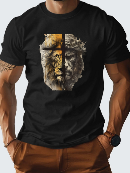 Men's Graphic T-Shirt Fierce Wild Lion With Weathered Face Portrait Fusion