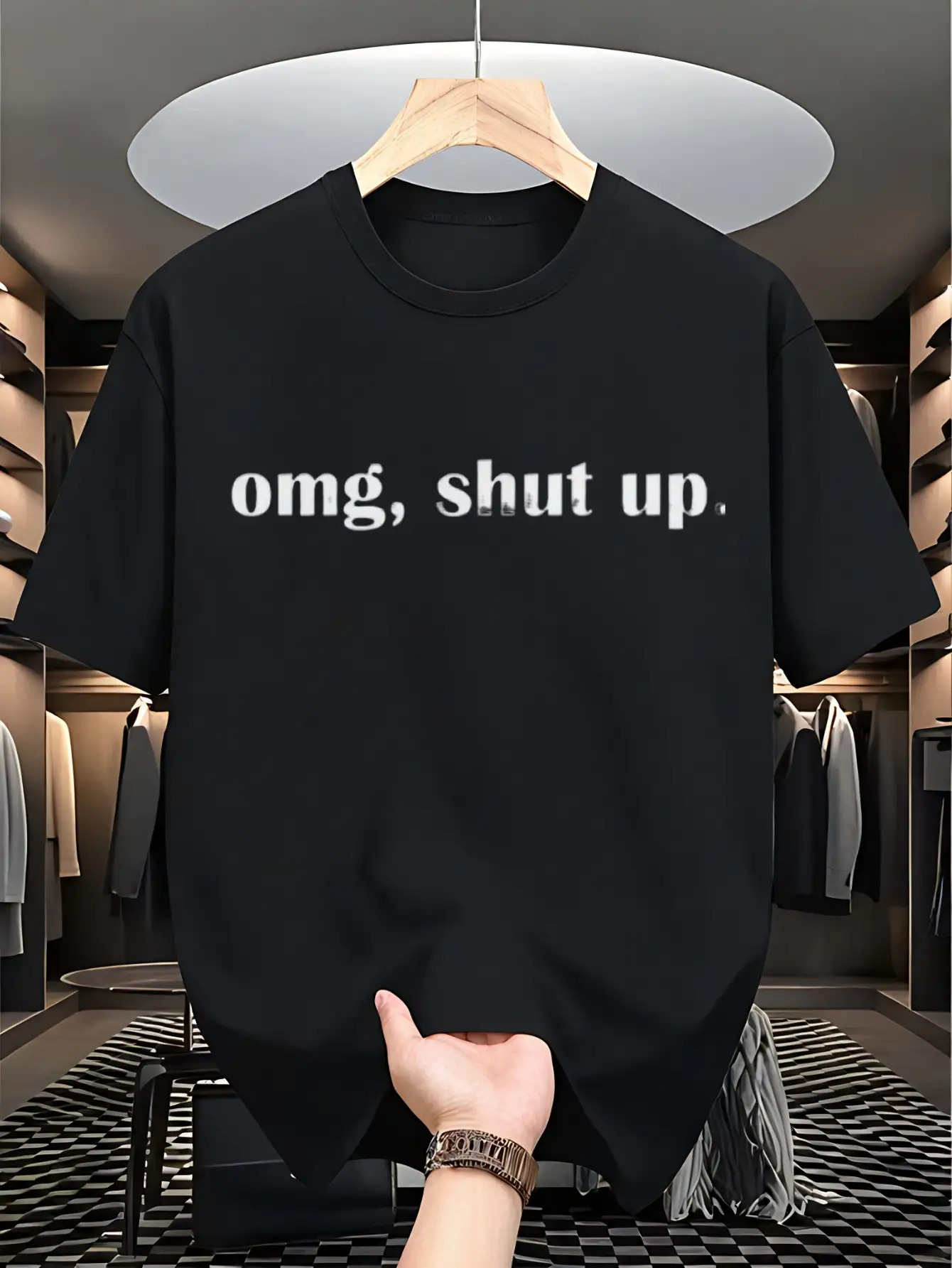 Men's Graphic T-Shirt Omg Shut Up Simple Statement Printed Black T Shirt