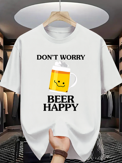 Men's Graphic T-Shirt Dont Worry Beer Happy With Cheerful Smiling Cartoon Beer Mug