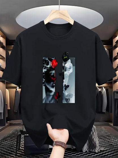 Men's Graphic T-Shirt Dramatic Contrast With Roses And Mysterious Masked Woman Portrait
