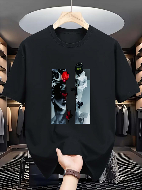 Men's Graphic T-Shirt Dramatic Contrast With Roses And Mysterious Masked Woman Portrait