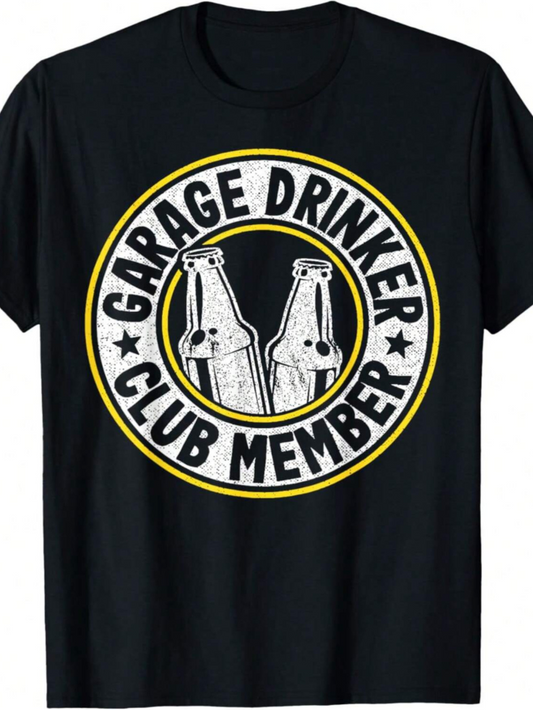 Men's Graphic T-Shirt Garage Drinker Club Member With Two Bottles Toasting In A Circular Design