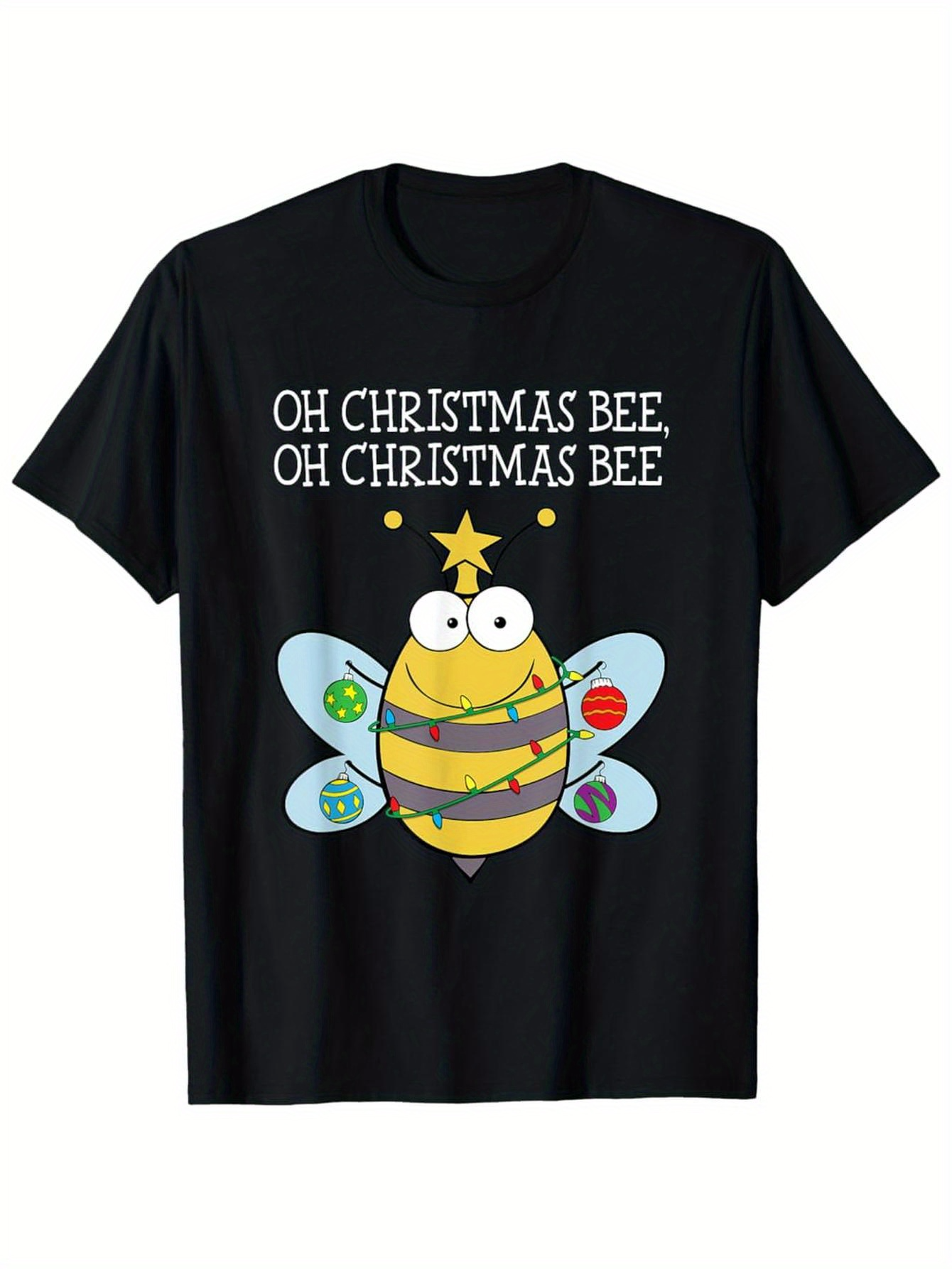 Men's Graphic T-Shirt Oh Christmas Bee Decorated Ornament Wings And Smiling Cartoon Bee