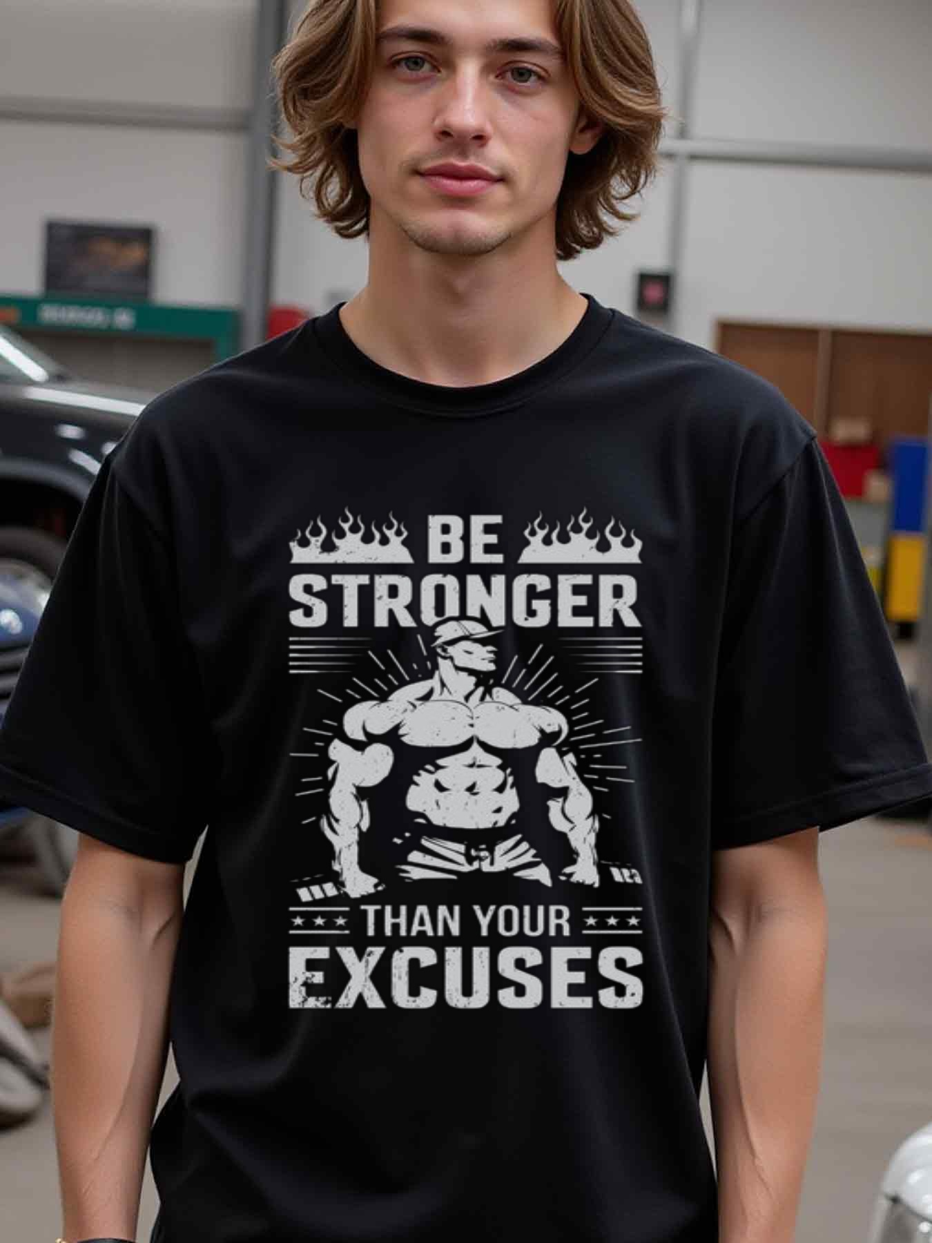 Men's Graphic T-Shirt Be Stronger Than Your Excuses Flames Muscular Man Surrounded By Motivational Rays Bold Typography