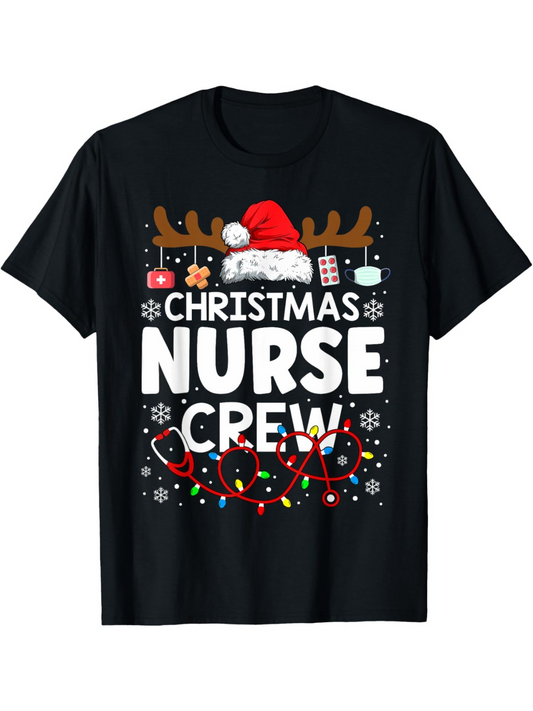 Men's Graphic T-Shirt Christmas Lights And Santa Hat With Nurse Crew