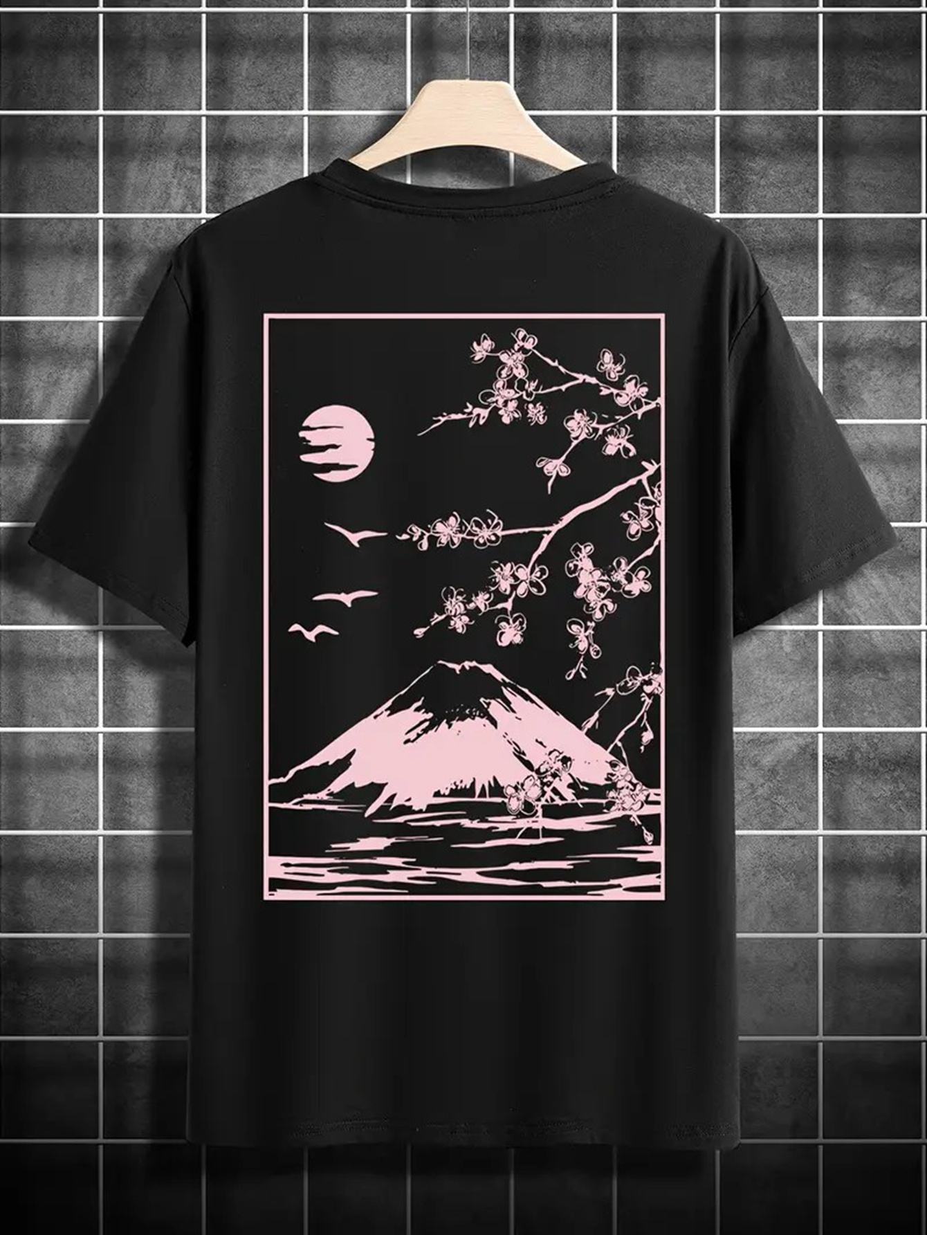Men's Graphic T-Shirt Cherry Blossom Branches And Flying Birds Framing Snow Capped Mountain Night Scene