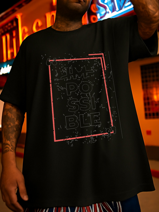 Men's Graphic T-Shirt Distressed Urban Style Graphic With Red Framing Around Large Impossible Word