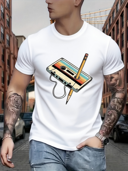 Men's Graphic T-Shirt Retro Colored Cassette With Pencil Drawing Tape Music Memory
