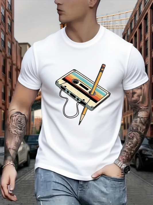 Men's Graphic T-Shirt Retro Colored Cassette With Pencil Drawing Tape Music Memory