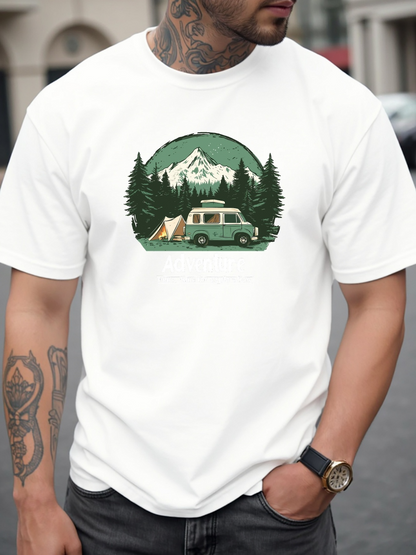 Men's Graphic T-Shirt Morning Forest With Snowy Mountain Camp Van Tent And Pine Trees