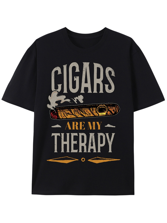 Men's Graphic T-Shirt Cigars Are My Therapy Vintage Style Illustration With Burning Cigar