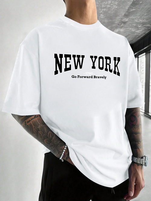 Men's Graphic T-Shirt New York Bold Letter Statement With Inspirational Minimalist White T Shirt