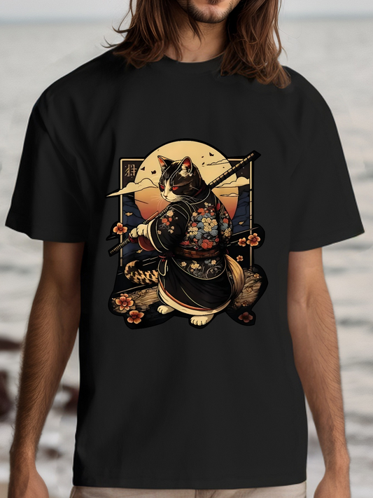 Men's Graphic T-Shirt Golden Sunset With Floral Kimono Cat Warrior