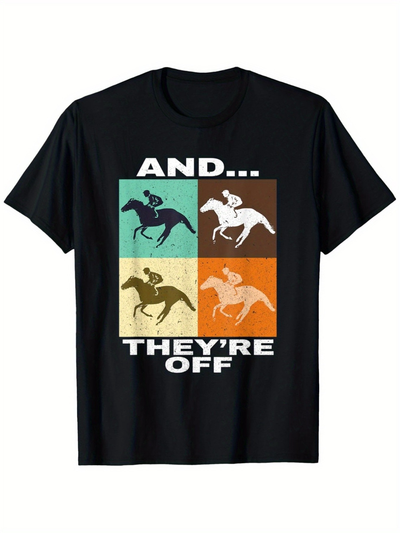 Men's Graphic T-Shirt And Theyre Off Colorful Retro Panels With Jockeys Racing Horses