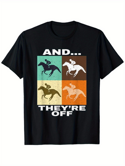 Men's Graphic T-Shirt And Theyre Off Colorful Retro Panels With Jockeys Racing Horses
