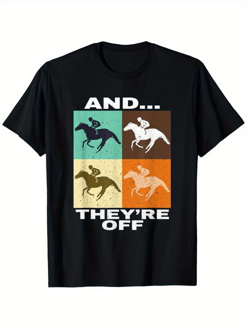 Men's Graphic T-Shirt And Theyre Off Colorful Retro Panels With Jockeys Racing Horses