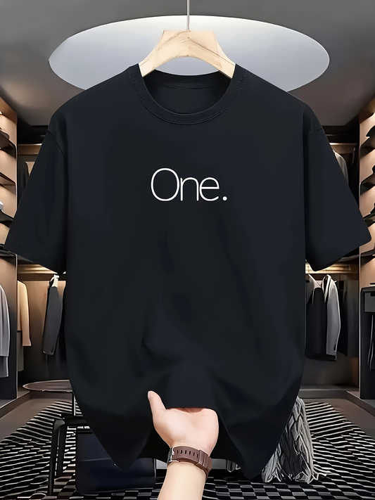 Men's Graphic T-Shirt Minimal Lettering On Solid Black Fabric With Subtle Modern Texture One