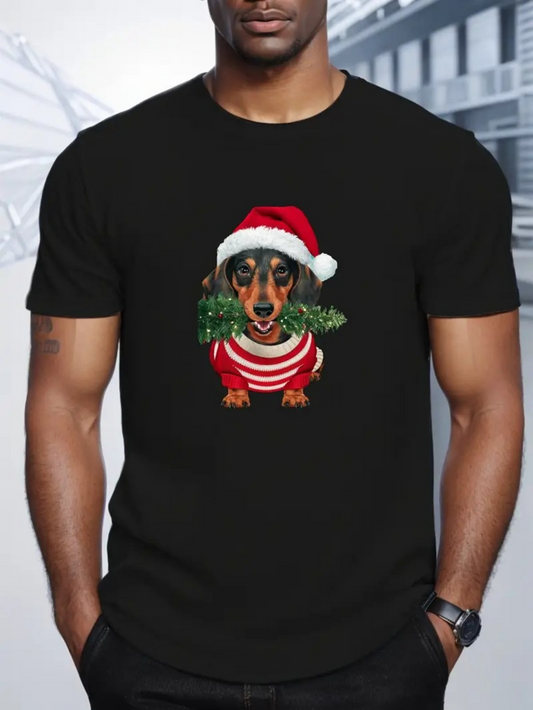 Men's Graphic T-Shirt Festive Christmas Tree With Striped Sweater Wearing Dachshund Dog
