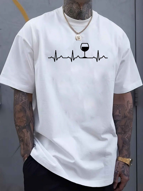 Men's Graphic T-Shirt Minimal Heartbeat Line With Wine Glass Centerpiece Graphic