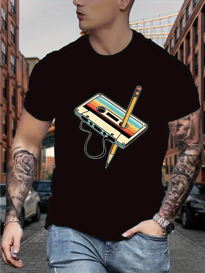 Men's Graphic T-Shirt Retro Audio Cassette And Pencil Sunset Design Tape