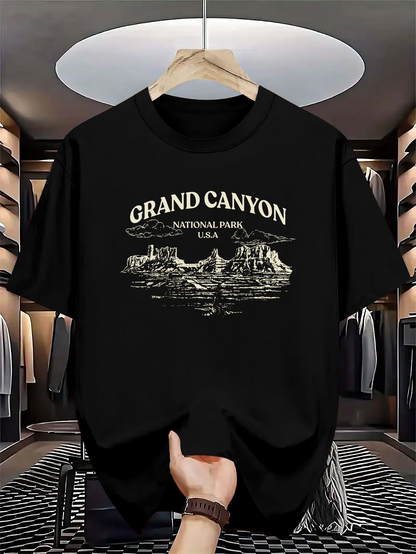 Men's Graphic T-Shirt Grand Canyon National Park With Vintage Outline Mountains And Scenic River