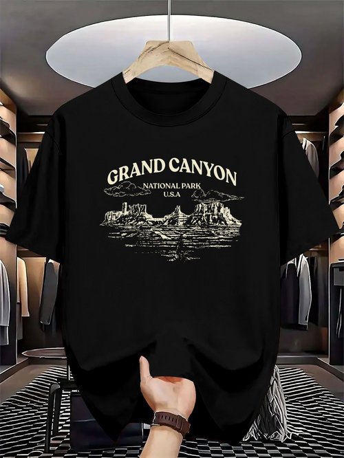 Men's Graphic T-Shirt Grand Canyon National Park With Vintage Outline Mountains And Scenic River