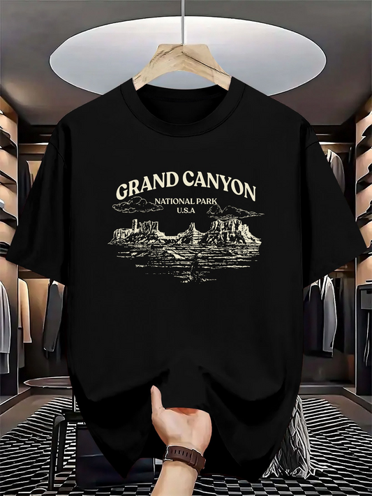 Men's Graphic T-Shirt Grand Canyon National Park With Vintage Outline Mountains And Scenic River