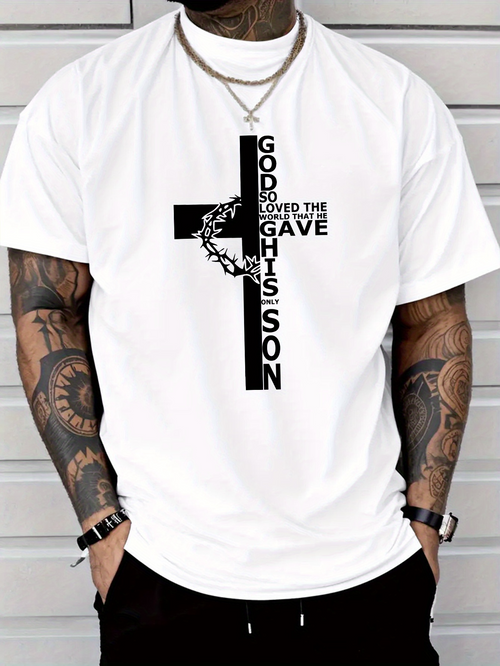 Men's Graphic T-Shirt God Loved The World Cross With Crown Of Thorns Christian Son
