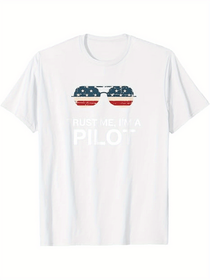Men's Graphic T-Shirt American Sunglasses With Patriotic Flag Motif Overlaying Pilot Text