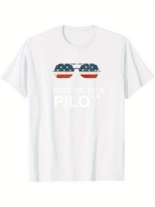 Men's Graphic T-Shirt American Sunglasses With Patriotic Flag Motif Overlaying Pilot Text