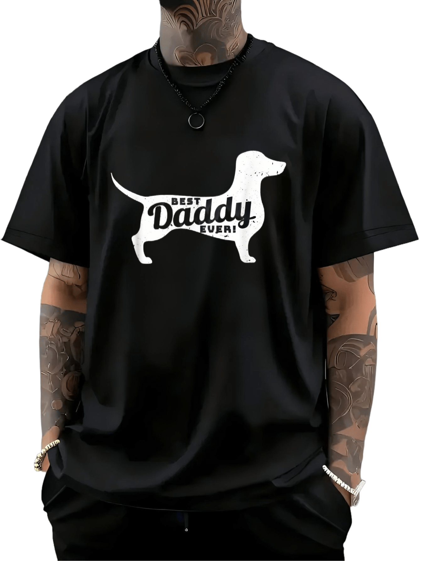 Men's Graphic T-Shirt Best Daddy Ever Bold Letters With Playful Dachshund Silhouette Dog
