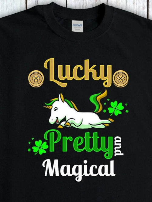 Men's Graphic T-Shirt Lucky Pretty And Magical With Shamrocks And Playful Unicorn
