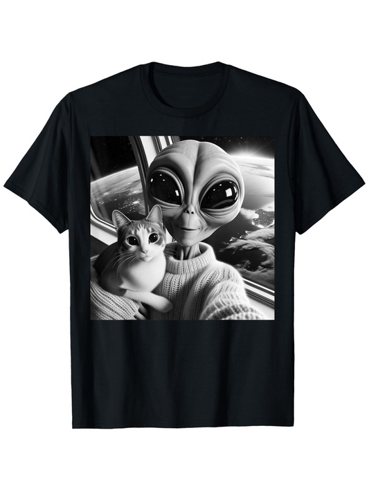 Men's Graphic T-Shirt Outer Space Window Scene With Cat And Friendly Smiling Alien