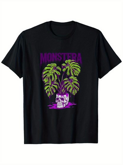 Men's Graphic T-Shirt Monstera Skull With Neon Palms Surrounded By Purple Jungle Leaves Skull