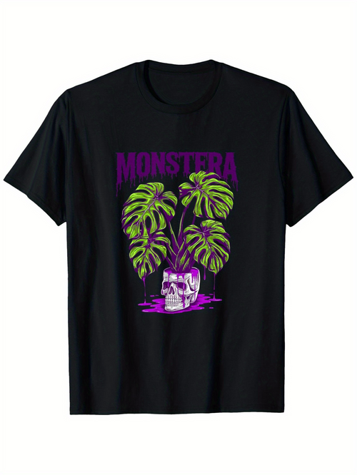 Men's Graphic T-Shirt Monstera Skull With Neon Palms Surrounded By Purple Jungle Leaves Skull