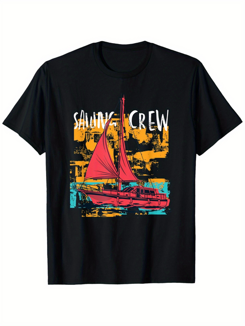 Men's Graphic T-Shirt Sailing Crew Vibrant Red Sailboat With Abstract Artistic Background
