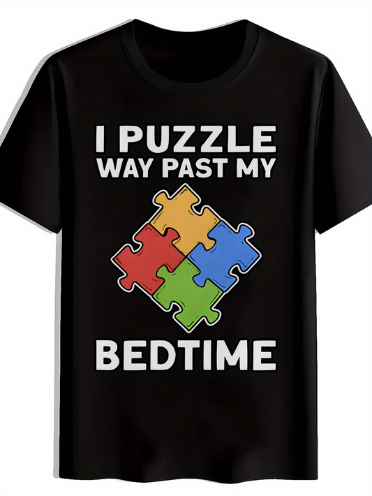 Men's Graphic T-Shirt I Puzzle Way Past My Bedtime Vibrant Colorful Jigsaw Pieces With Playful Puzzle Pattern