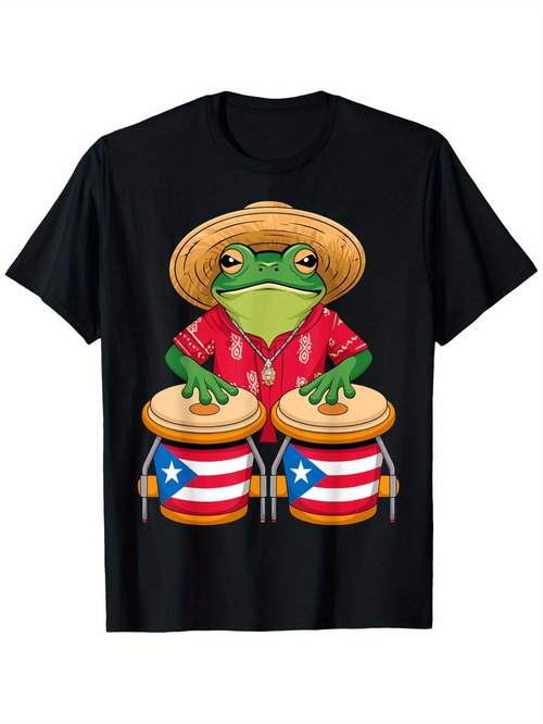 Men's Graphic T-Shirt Cartoon Frog Wearing Straw Hat Playing Puerto Rican Bongos
