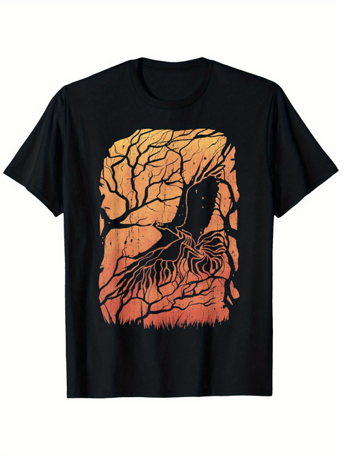 Men's Graphic T-Shirt Twilight Silhouette Trees With Flying Raven Under Dusky Sky