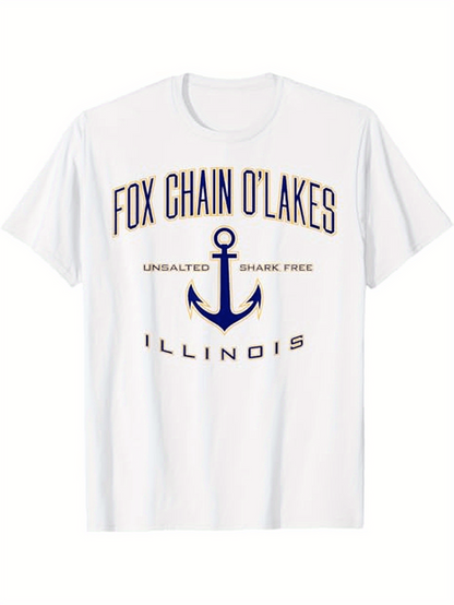 Men's Graphic T-Shirt Fox Chain O Lakes Unsalted Shark Free Illinois With Nautical Anchor Motif White T Shirt