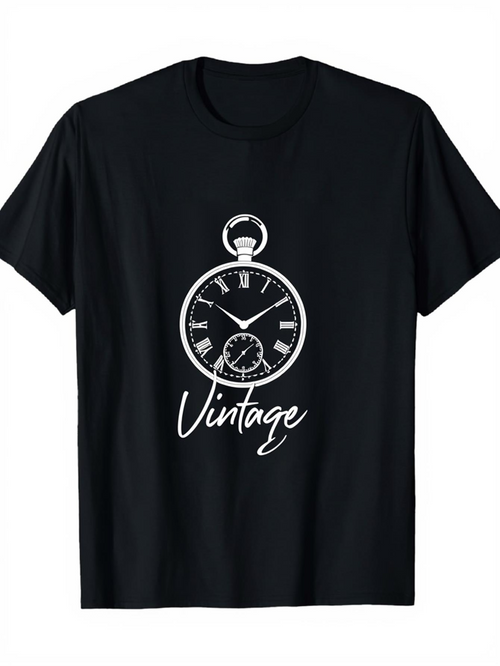 Men's Graphic T-Shirt Vintage Classic Pocket Watch Art With Elegant Script Typography
