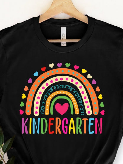 Women's Graphic T-Shirt Kindergarten Colorful Rainbow Hearts With Dots And Love Motif Centerpiece